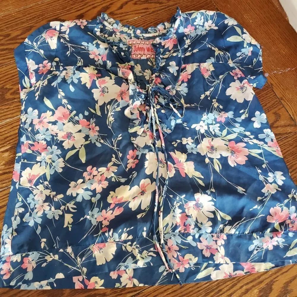 Johnny Was blue&pink silk floral blouse sz Small